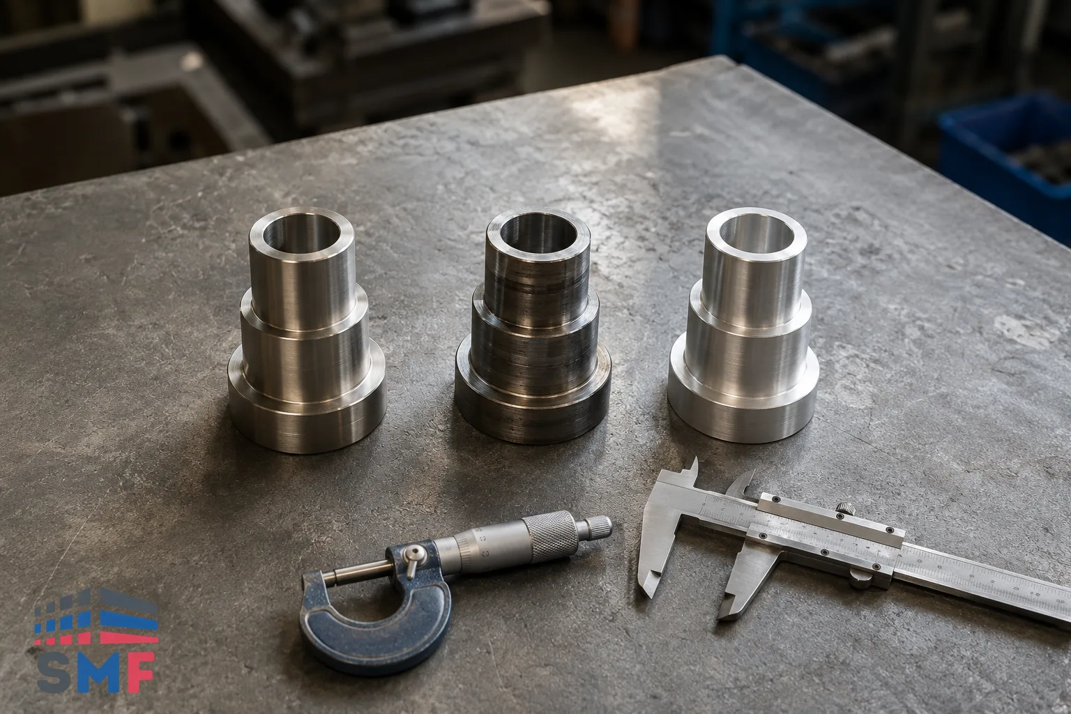 Pi&egrave;ces tourn&eacute;es en inox, acier et aluminium avec pied &agrave; coulisse sur un &eacute;tabli d'atelier